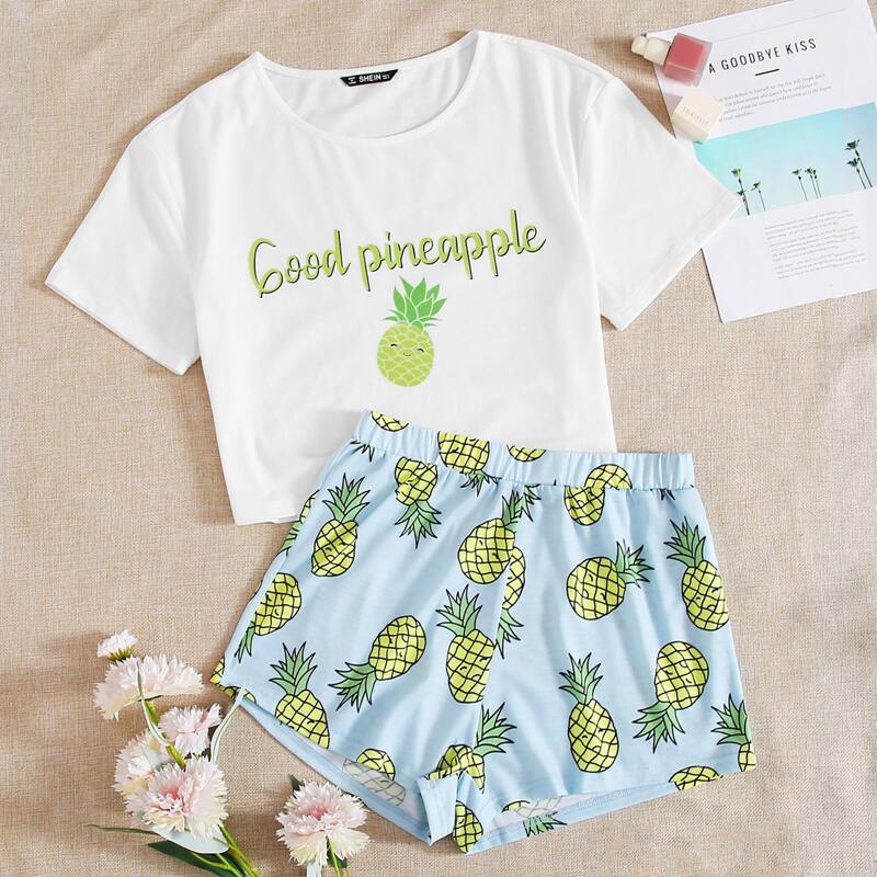 

Letter and Pineapple Print Top & Shorts PJ Set, Multicolor