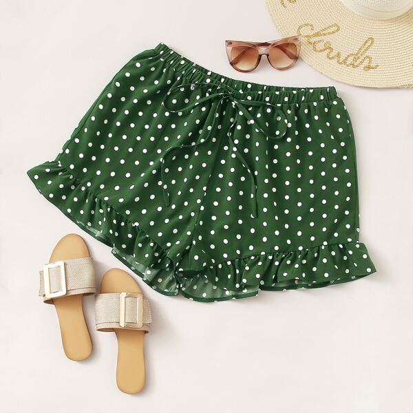 

Plus Polka Dot Ruffle Hem Shorts, Green