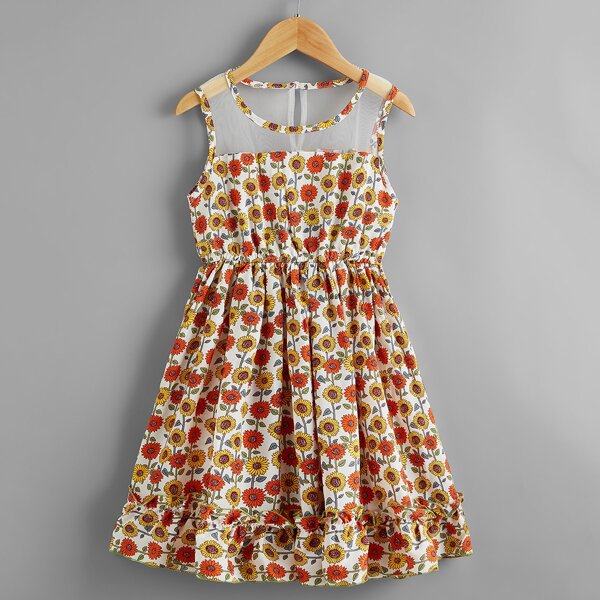 

Girls Floral Print Contrast Mesh Dress, Multicolor