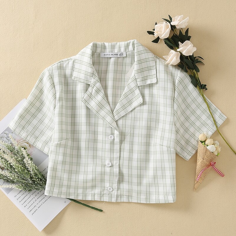 

Plaid Lapel Collar Crop Blouse, Multicolor