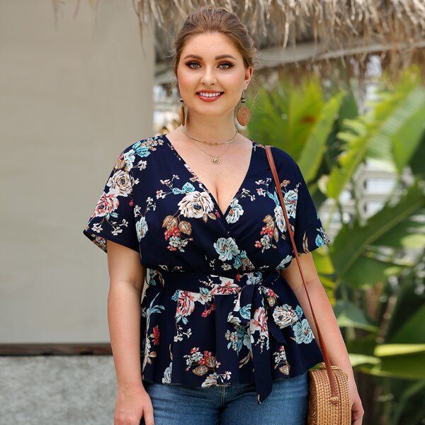 

Plus Floral Print Belted Blouse, Navy blue