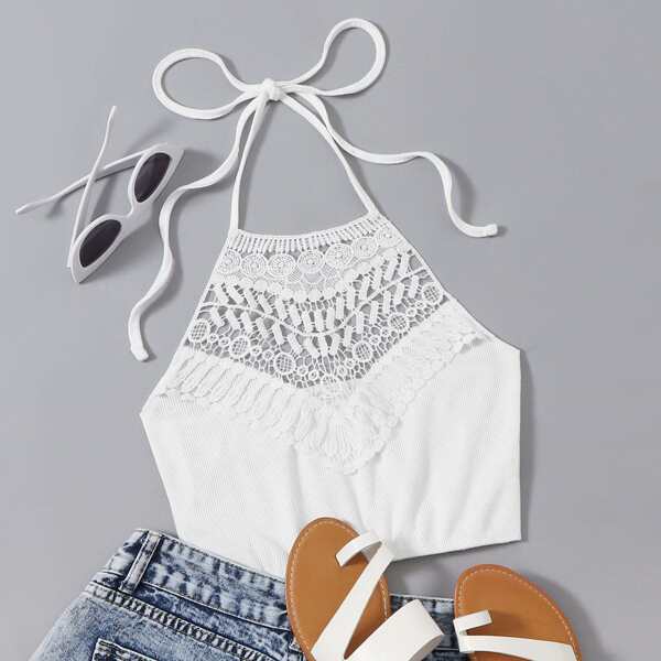 

Contrast Lace Tie Back Halter Top, White
