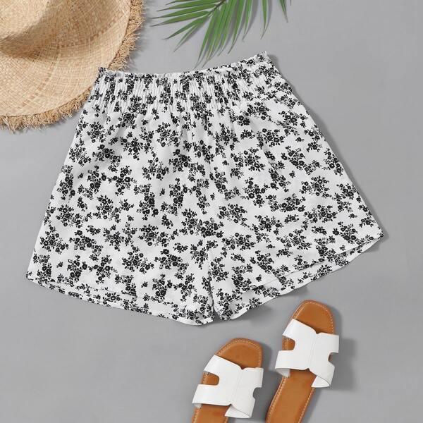 

Ditsy Floral Print Shirred Waist Shorts, White