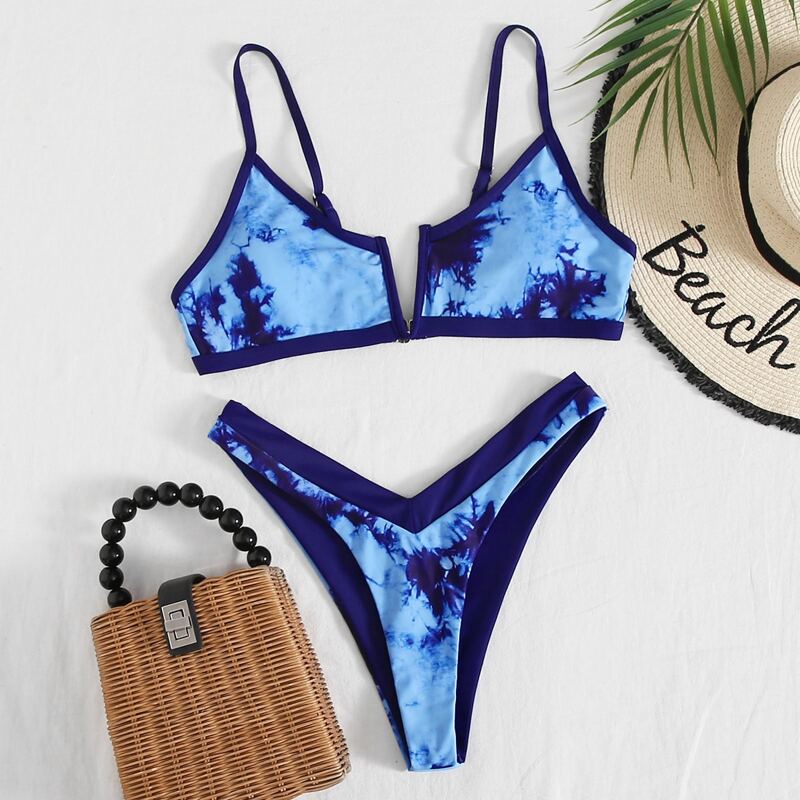 

Tie Dye V Wired High Leg Bikini Swimsuit, Blue