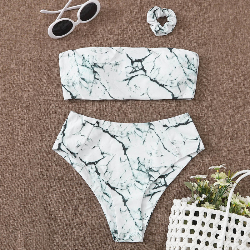 

Marble Pattern Bandeau Bikini Swimsuit & Scrunchie, White