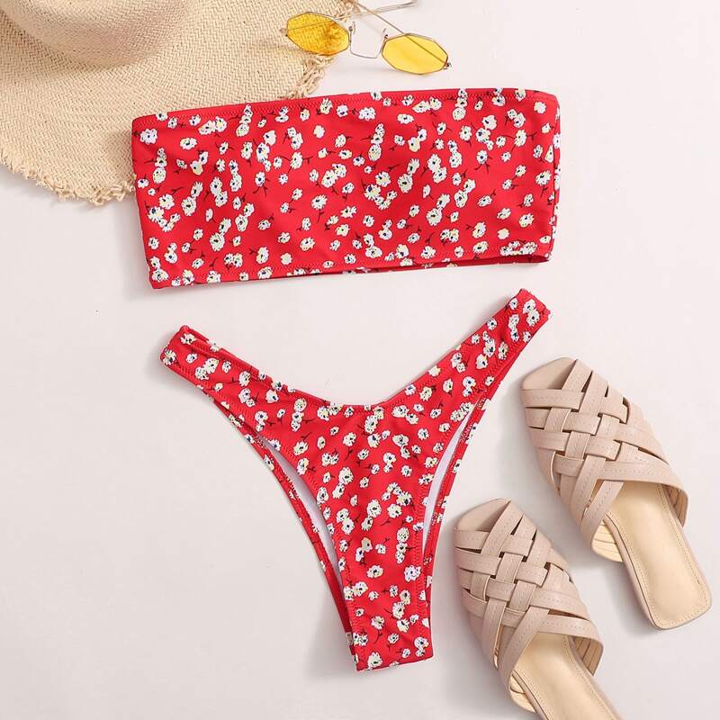 

Ditsy Floral Bandeau High Cut Bikini Swimsuit, Red