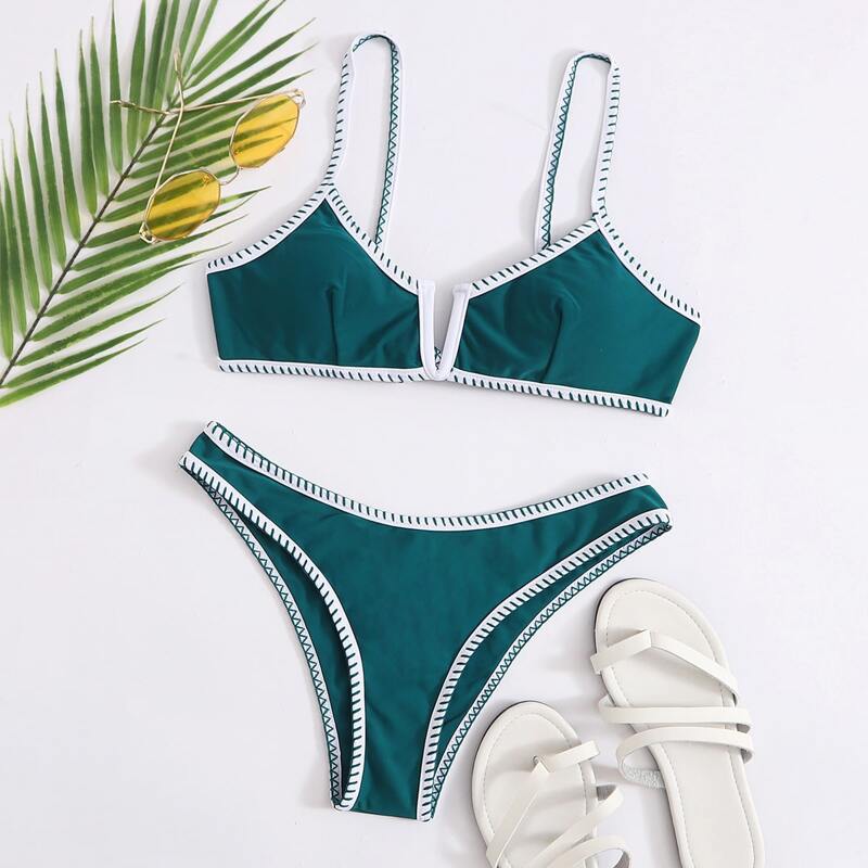 

Whip Stitch V Wired Bikini Swimsuit, Dark green