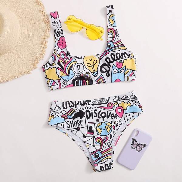 

Cartoon Graphic Bikini Swimsuit, Multicolor
