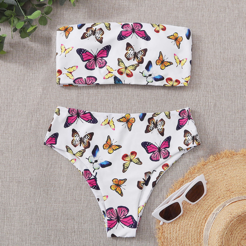 

Butterfly Print Bandeau Bikini Swimsuit, Multicolor