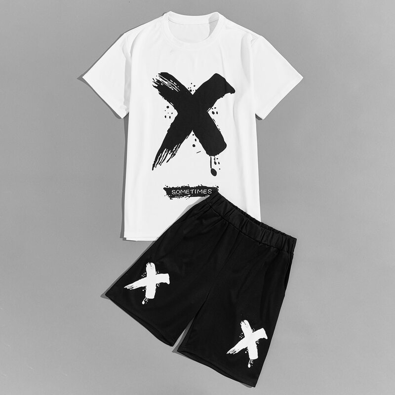 

Guys Letter & Graphic Tee With Track Shorts, Black and white