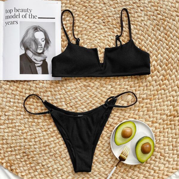 

Rib V Wired Tanga Bikini Swimsuit, Black