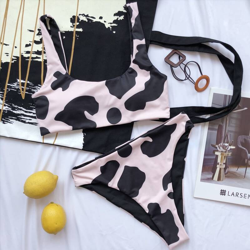 

Cow Pattern High Waisted Bikini Swimsuit, Multicolor