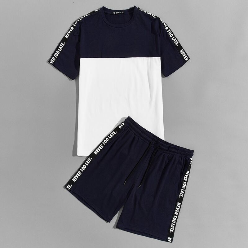 

Guys Slogan Tape Colorblock Top & Track Shorts Set, Navy blue