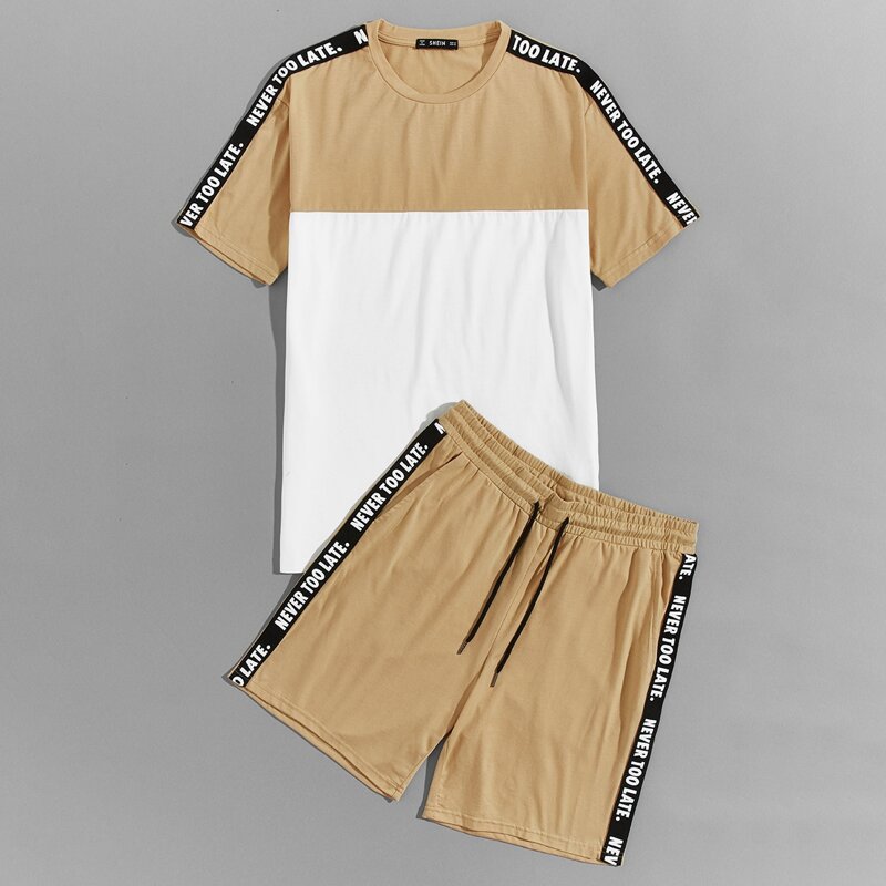 

Guys Slogan Tape Side Colorblock Tee and Track Shorts Set, Multicolor