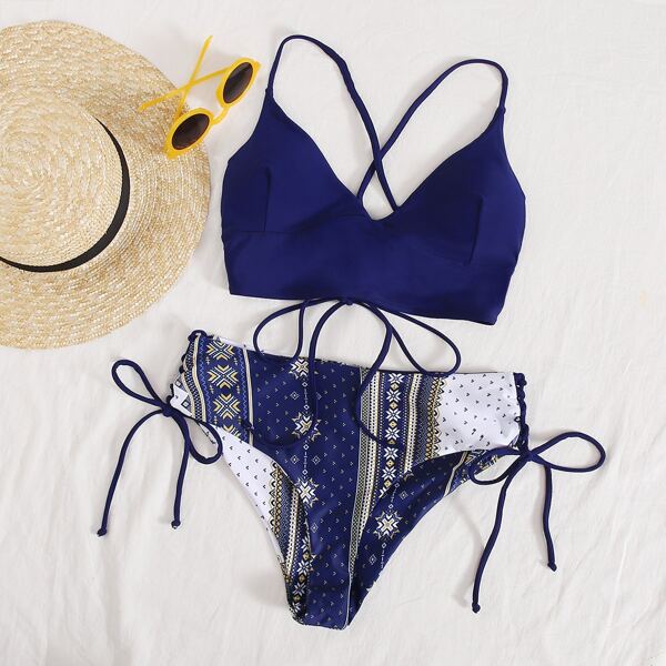 

Tribal Tie Side Bikini Swimsuit, Navy blue