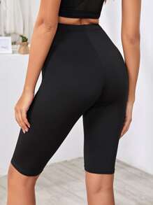 Chiquease Elastic Waist Solid Cycling Shorts - Black - View 2