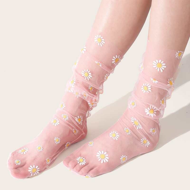 

Flower Pattern Mesh Socks, Pink