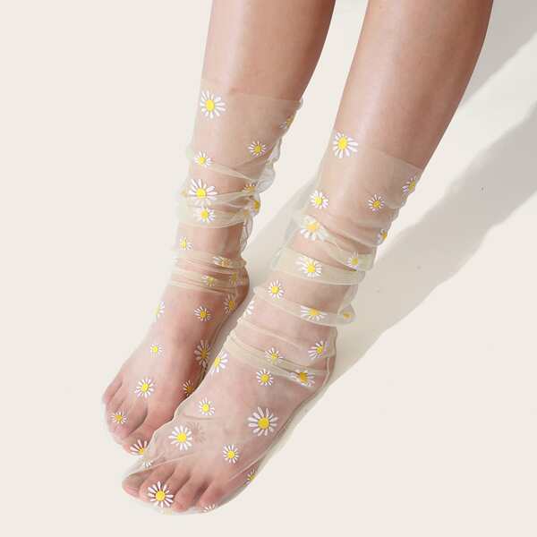 

Flower Pattern Mesh Socks, Yellow