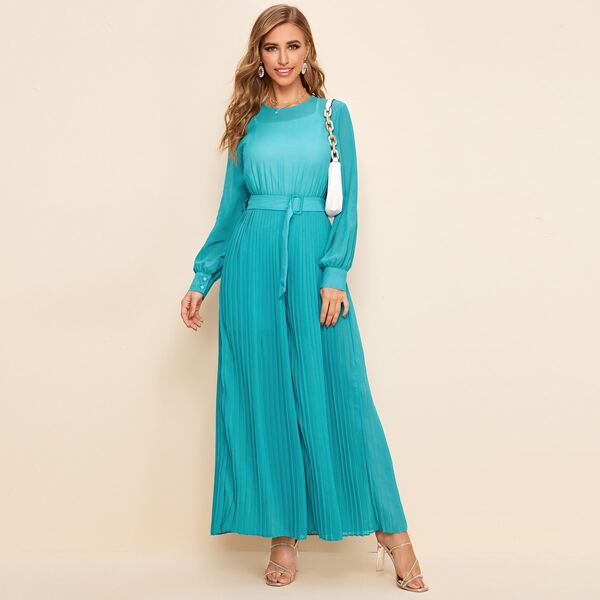 

Self Tie Pleated Hem Culottes Jumpsuit, Blue