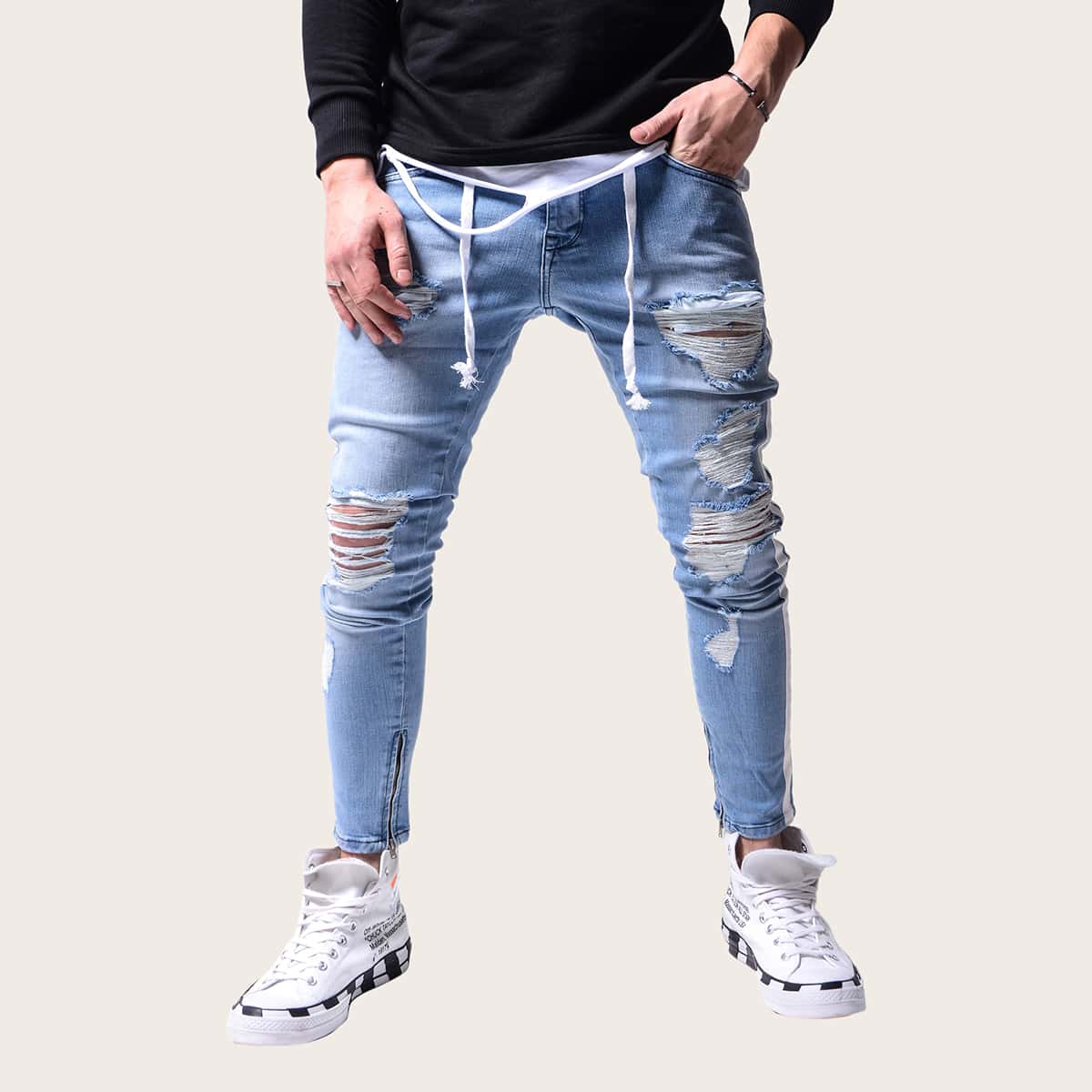 

Guys Stripe Side Ripped Jeans, Blue