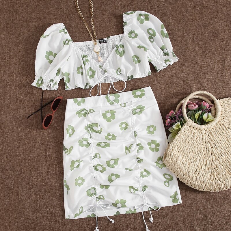 Floral Print Shirred Knotted Top & Skirt Set, White