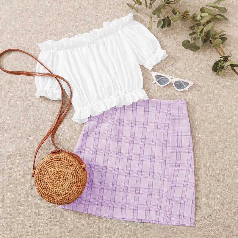 

Ruffle Trim Blouse & Plaid Skirt, Purple