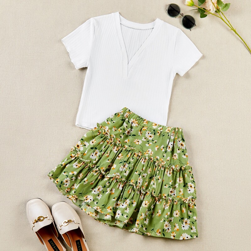 

V-neck Rib-knit Tee With Floral Layered Skirt, Multicolor