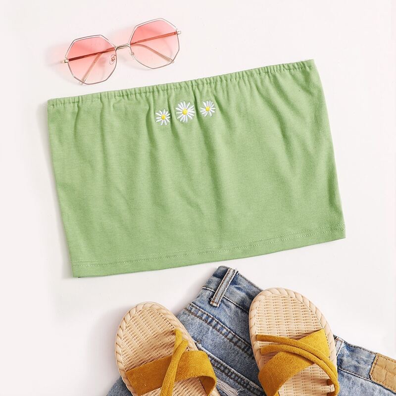 

Daisy Embroidery Tube Top, Green