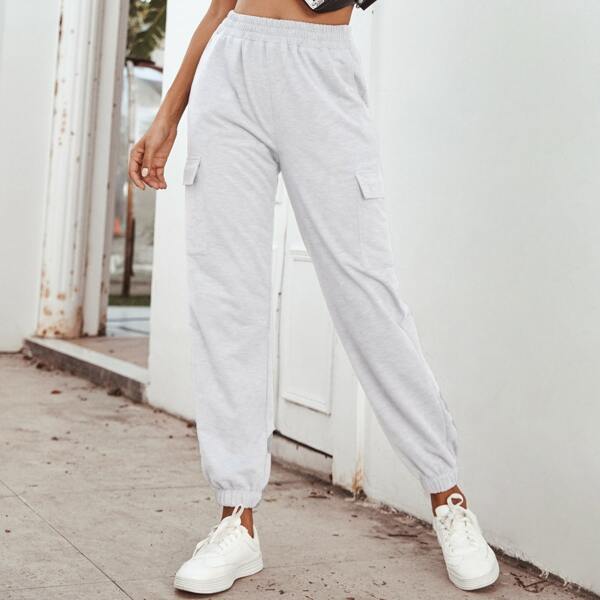 

Flap Pockets Elastic Waist Sweatpants, White
