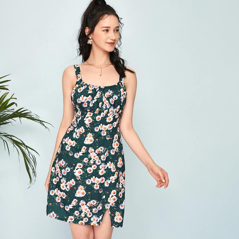 

Daisy Print Ruched Bust Cami Dress, Green