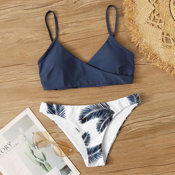 

Plus Palm Print Wrap Bikini Swimsuit, Navy blue