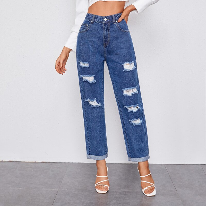 

Ripped Detail Straight Leg Jeans, Medium wash