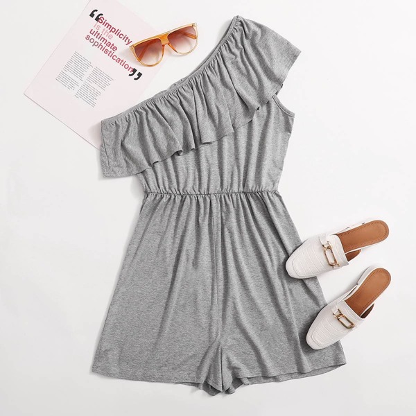 

One Shoulder Ruffle Trim Solid Romper, Grey