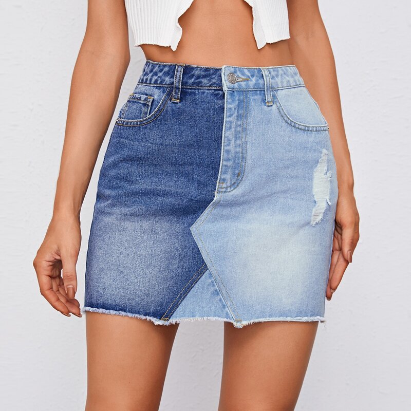 

Ripped Detail Raw Hem Two Tone Denim Skirt, Light wash
