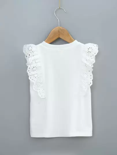 SHEIN Genkimix Kids Young Girl Contrast Eyelet Embroidery Ruffle Tank Top
