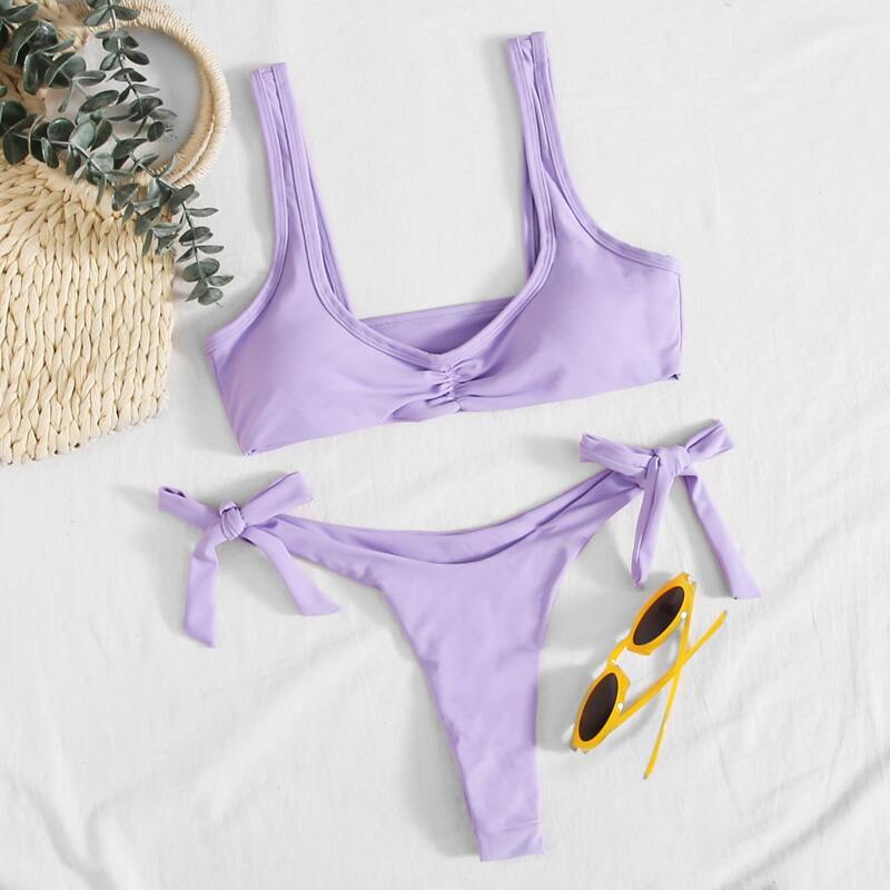 

Ruched Tie Side Bikini Swimsuit, Purple
