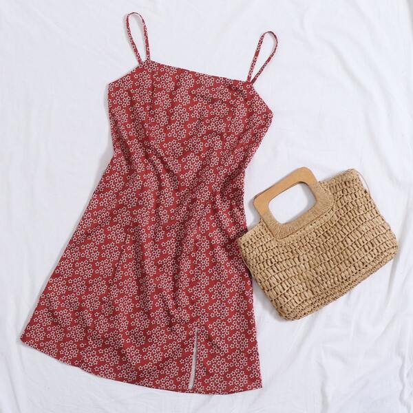 

Allover Star Print Split Hem Cami Dress, Rose red