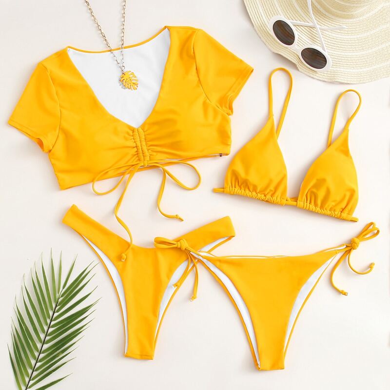 

4pack Knot Triangle High Cut Bikini Swimsuit, Yellow