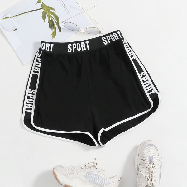 

Letter Graphic Contrast Binding Dolphin Shorts, Black