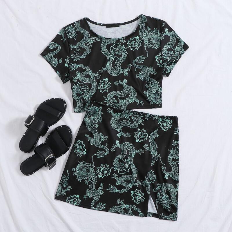 

Dragon All Over Print Tee & Skirt Set, Black