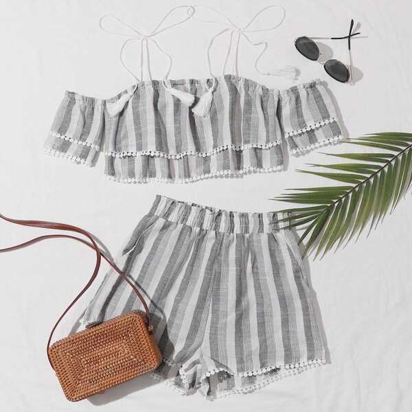 

Lace Trim Striped Knot Straps Top & Shorts Set, Grey