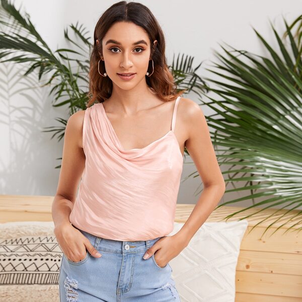 

Asymmetrical Neck Ruched Satin Top, Baby pink