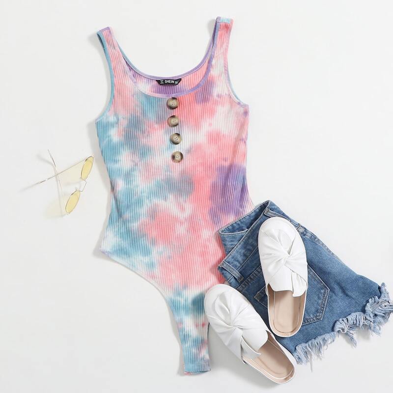 

Button Front High Leg Rib-knit Tie Dye Tank Bodysuit, Multicolor