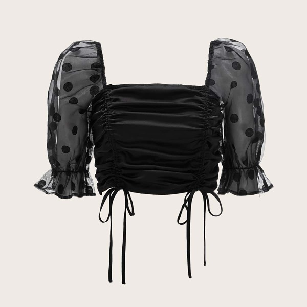 

Flocked Mesh Sleeve Shirred Back Drawstring Ruched Satin Top, Black