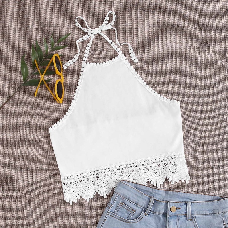 

Crochet Hem Crop Halter Top, White