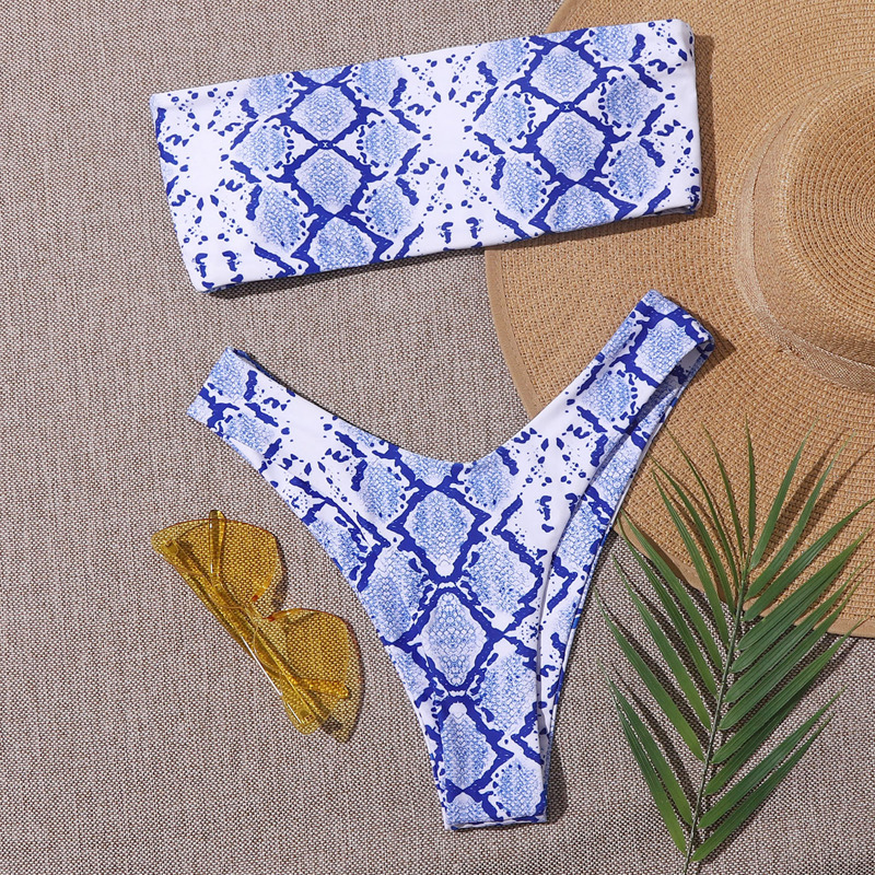 

Snakeskin Bandeau High Cut Bikini Swimsuit, Blue