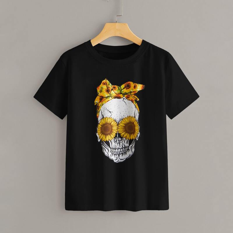 

Sunflower Skull Graphic Boxy Tee, Black