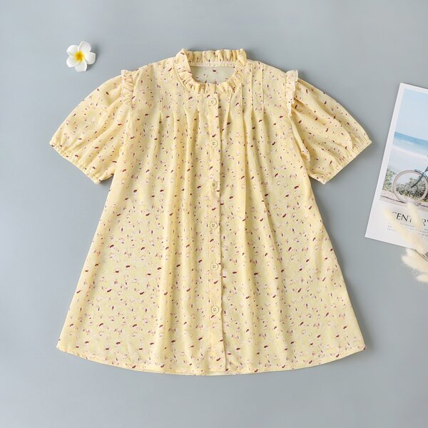 

Toddler Girls Ditsy Floral Print Puff Sleeve Frill Trim Dress, Yellow
