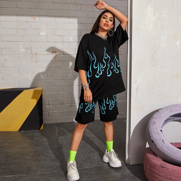 

Drop Shoulder Fire Print Longline Tee, Black