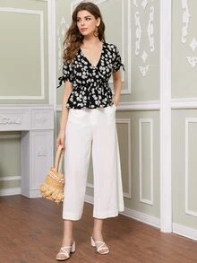 Camisa peplum con nudo con estampado de margarita - Negro - Ver 3